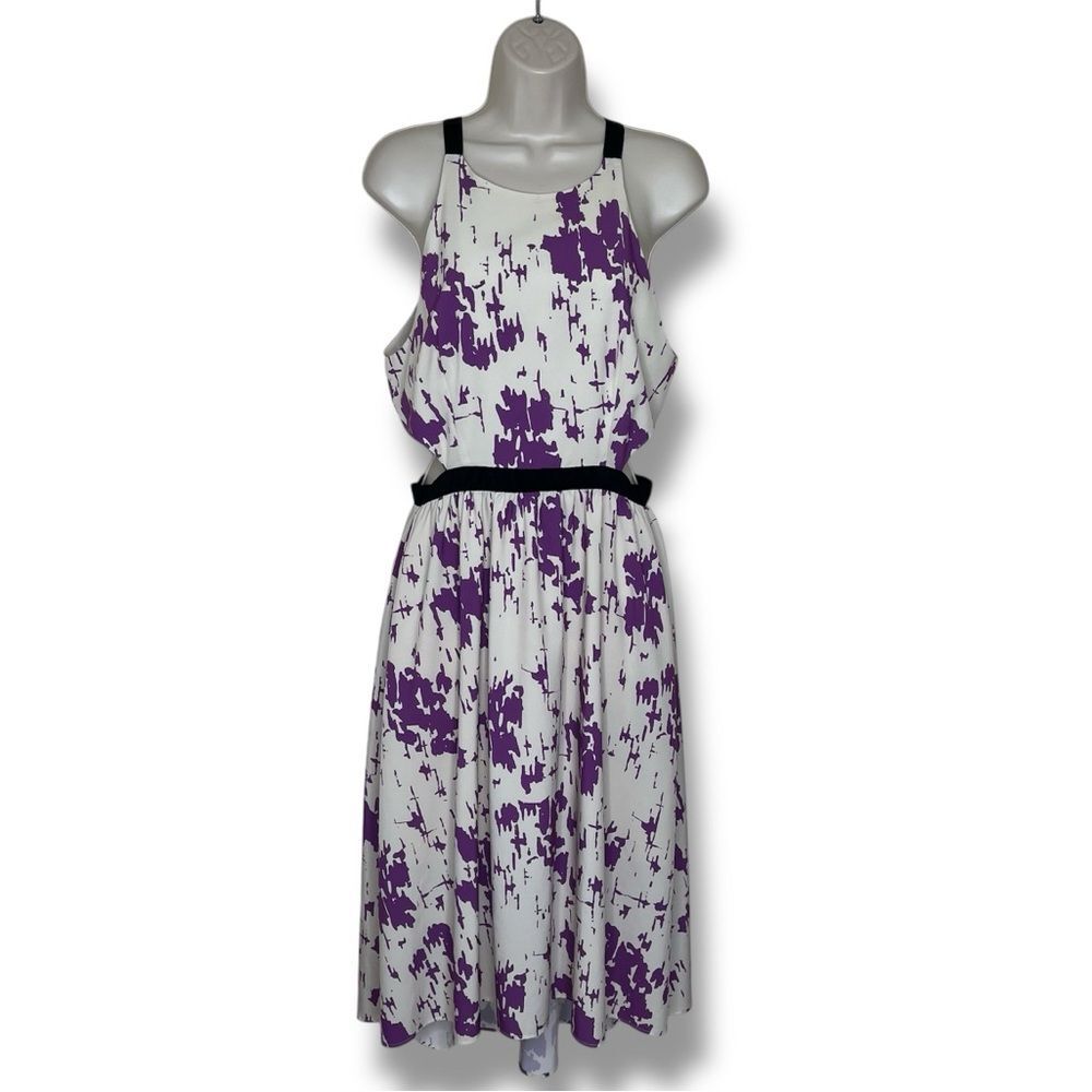 Karen Zambos Purple White Splash Tara Dress Side Cut Outs Halter Women Medium